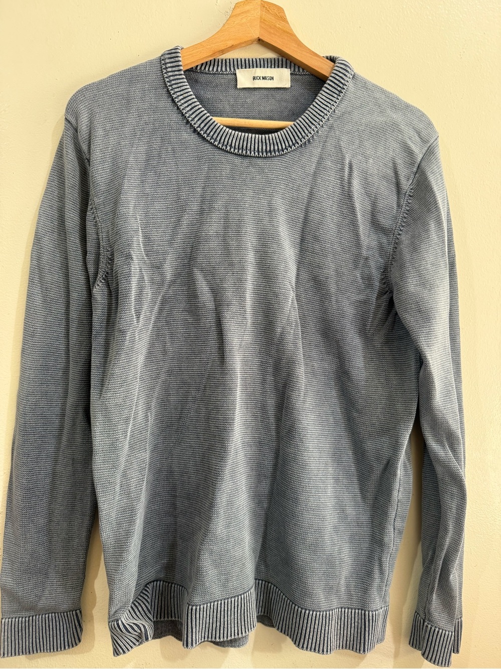 Buck Mason Pale Blue Thin-Stripe Crewneck Sweater